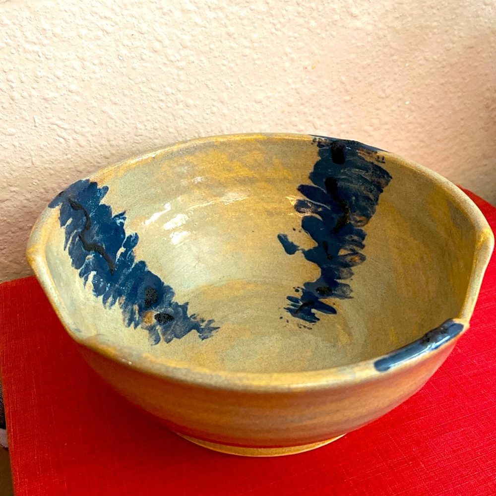 Vintage 80s Signed B E Artisan Glazed Pottery Bowl With Scoop Edges